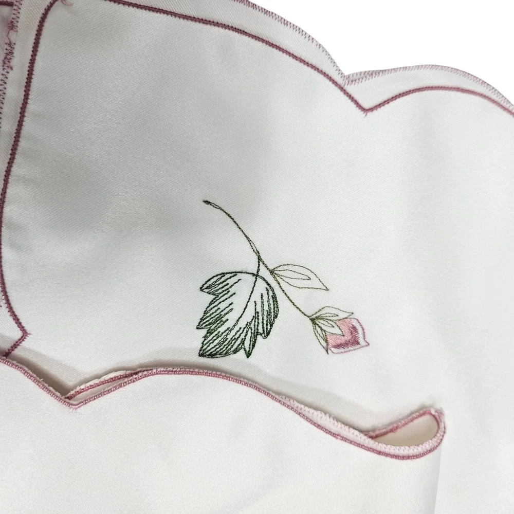 Vintage‎ Embroidered Rose Satin Cloth Napkins Set 6 Scalloped Edges Dinner Party